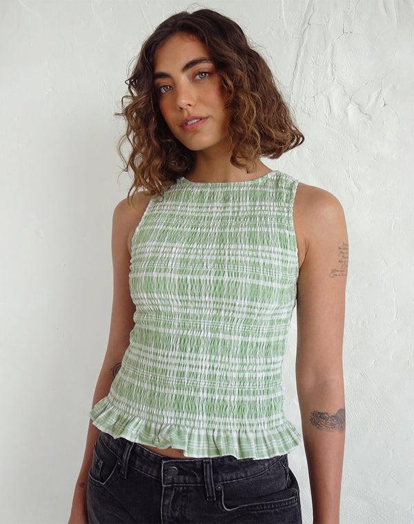 motel rocks Birita Shirred Top in Table Cloth Neo Mint