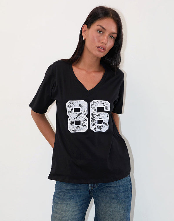 motel rocks Blaine Oversized Tee in Black with 86 White Lace Embroidery