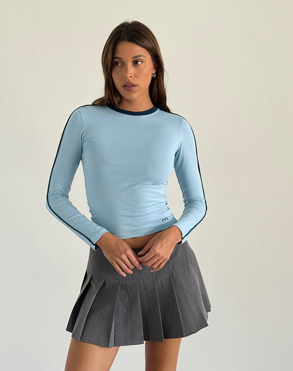 motel rocks Bonija Long Sleeve Top in Nantucket Blue with Navy Piping and M Embroidery