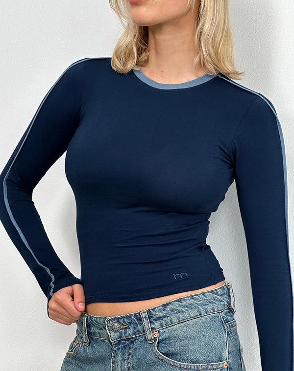 Motel Rocks Bonija Long Sleeve Top In Navy Faded Denim