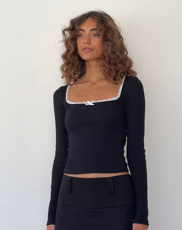 motel rocks Bovita Long Sleeve Top in Black with Off White Trim