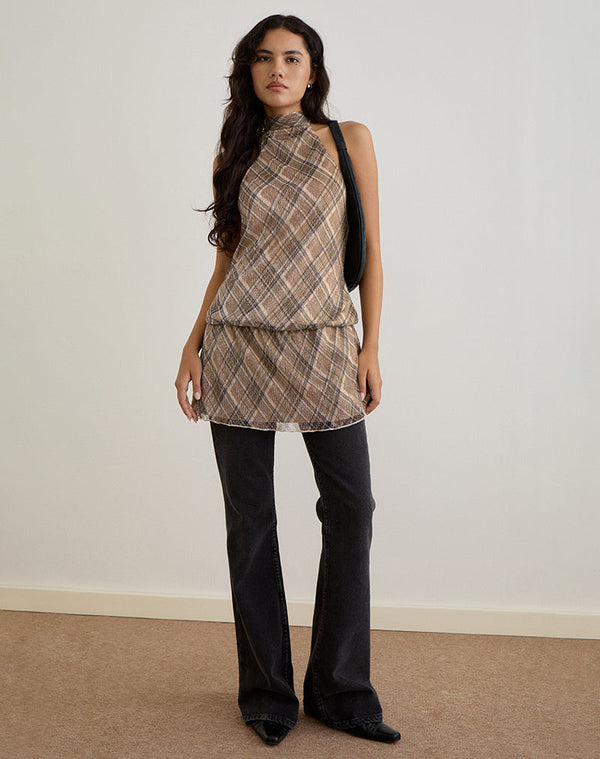Motel Rocks Briani Halterneck Dress In Check Plisse Brown