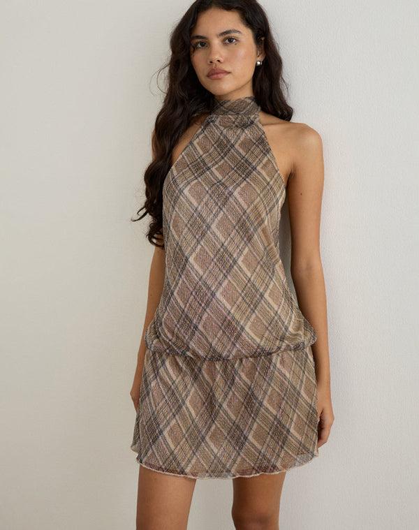 motel rocks Briani Halterneck Dress in Check Plisse Brown