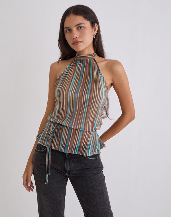 Motel Rocks Brienne Top In Blue And Brown Shimmer Sheer Plisse
