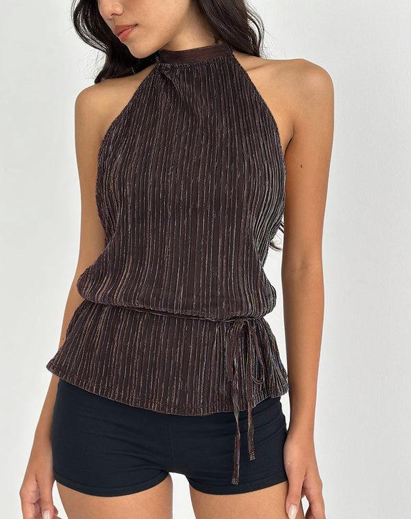motel rocks Brienne Top in Brown Shimmer Sheer Plisse