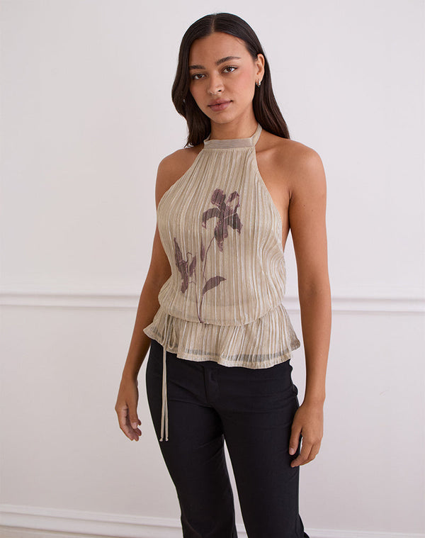 Motel Rocks Brienne Top In Light Gold Shimmer With Slim Flower Print