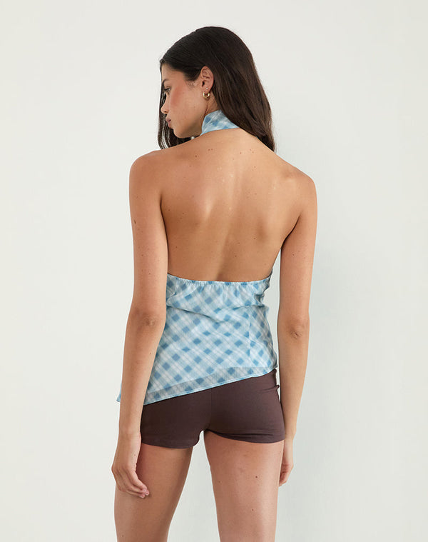 Motel Rocks Briva Neck Tie Top In Blurred Check Blue