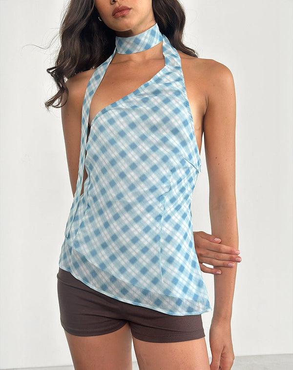 motel rocks Briva Neck Tie Top in Blurred Check Blue