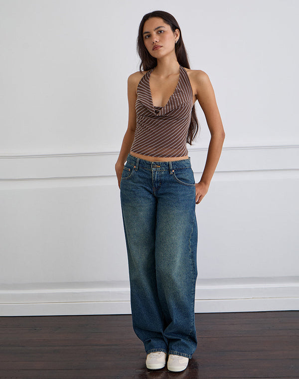 Motel Rocks Bujou Cowl Top In Diagonal Stripe Flocked Brown And Cream