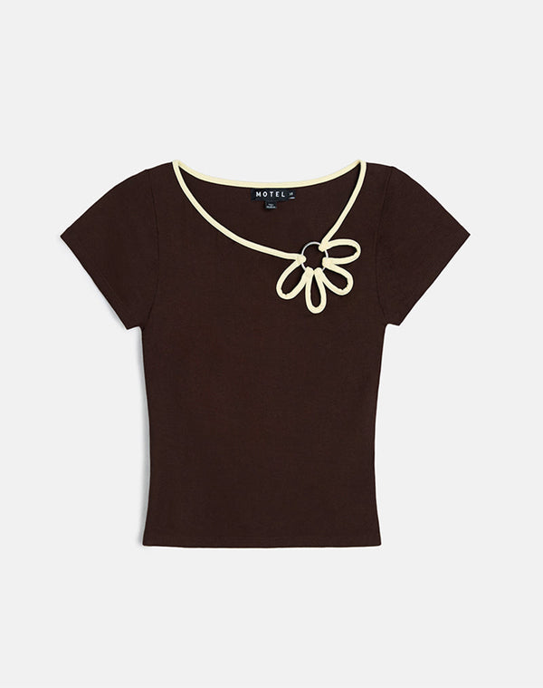 Motel Rocks Bunga Flower Cut Out Top In Bitter Chocolate With Lemon Binding