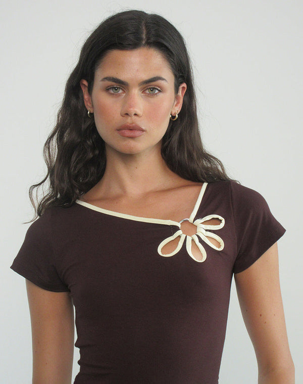 motel rocks Bunga Flower Cut Out Top in Bitter Chocolate with Lemon Binding