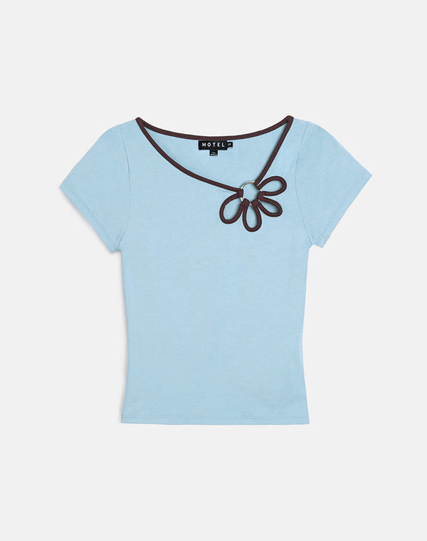 motel rocks Bunga Flower Cut Out Top in Nantucket Blue with Chocolate Binding