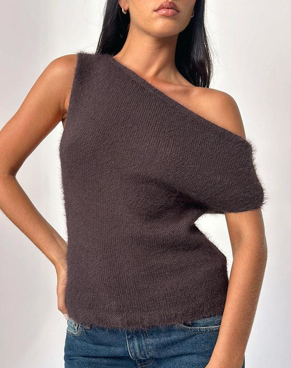 Motel Rocks Calyce Off Shoulder Top In Fluffy Knit Dark Brown
