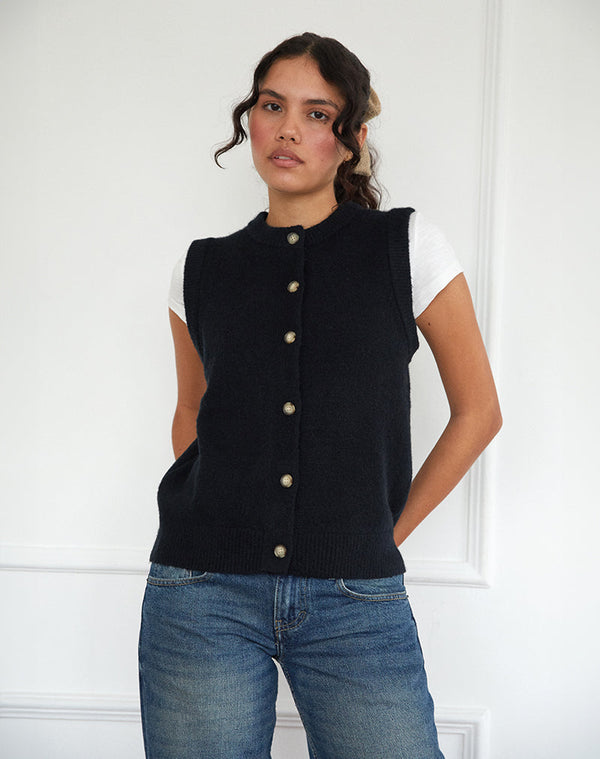 motel rocks Camira Knitted Button Through Vest in Black