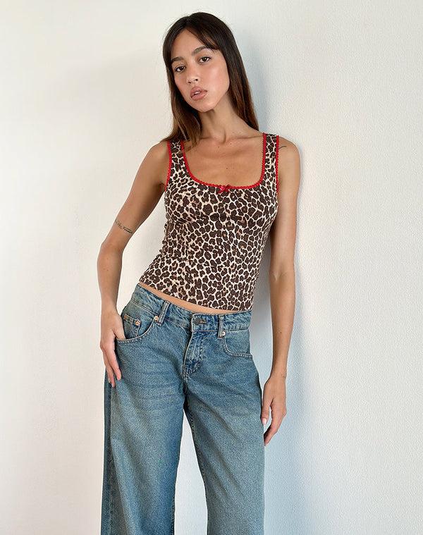 Motel Rocks Carillo Vest Top In Rar Leopard Sandstorm With Red Trim