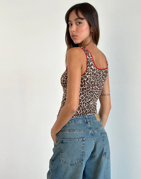 Motel Rocks Carillo Vest Top In Rar Leopard Sandstorm With Red Trim