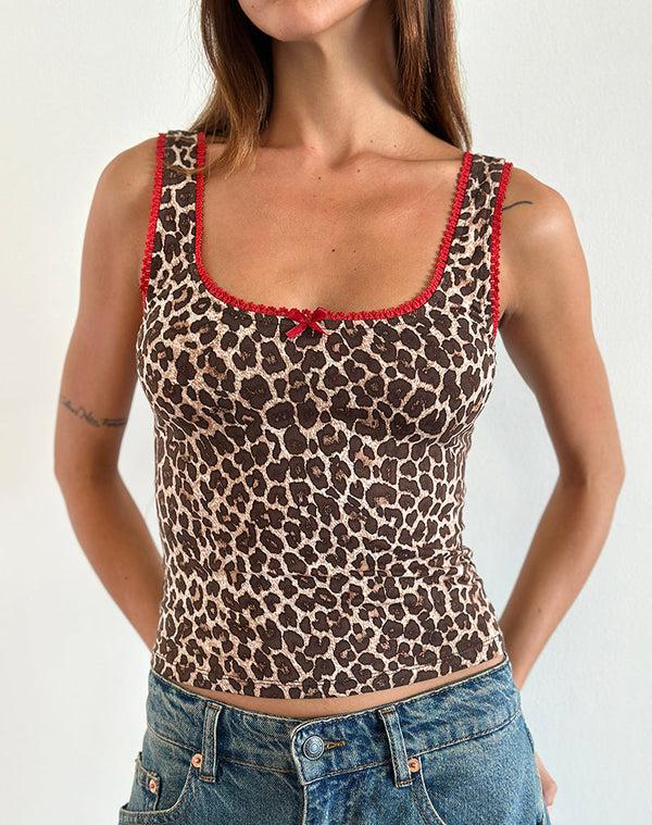 motel rocks Carillo Vest Top in Rar Leopard Sandstorm with Red Trim