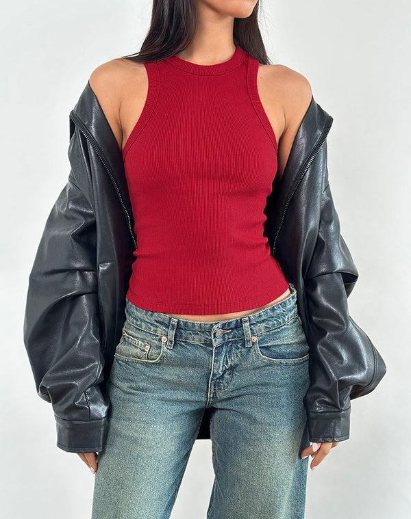 Motel Rocks Cariter Racer Vest Top In Ribbed Adrenaline Red