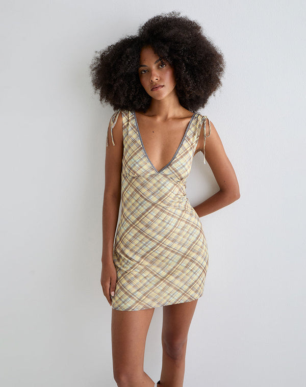 Motel Rocks Carmila Gathered Mini Dress In Check Yellow
