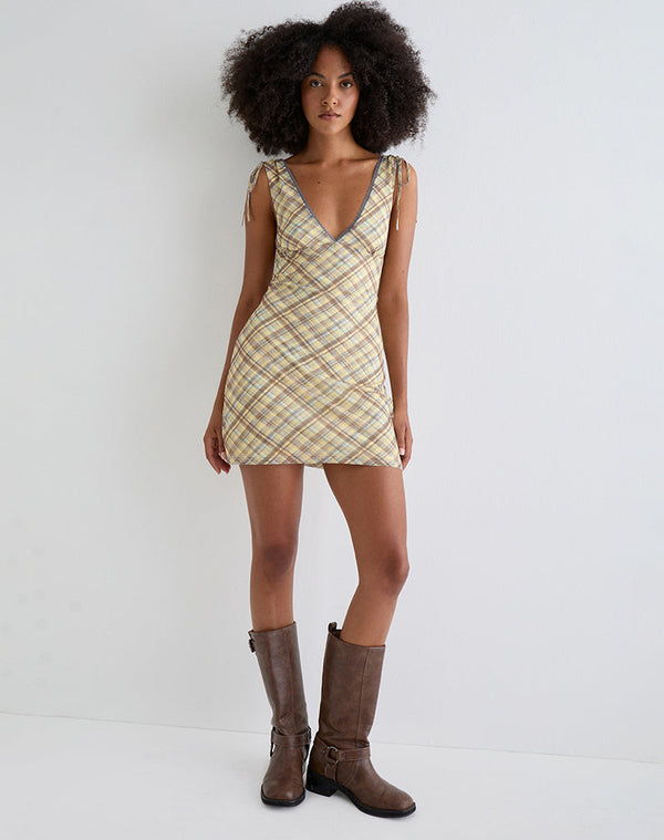 Motel Rocks Carmila Gathered Mini Dress In Check Yellow
