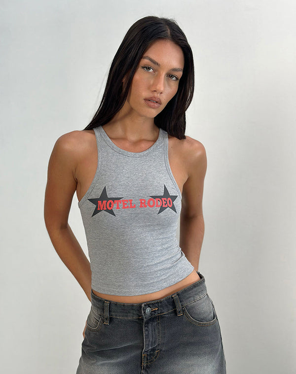 motel rocks Carter Vest Top in Grey Marl with Motel Rodeo Graphic