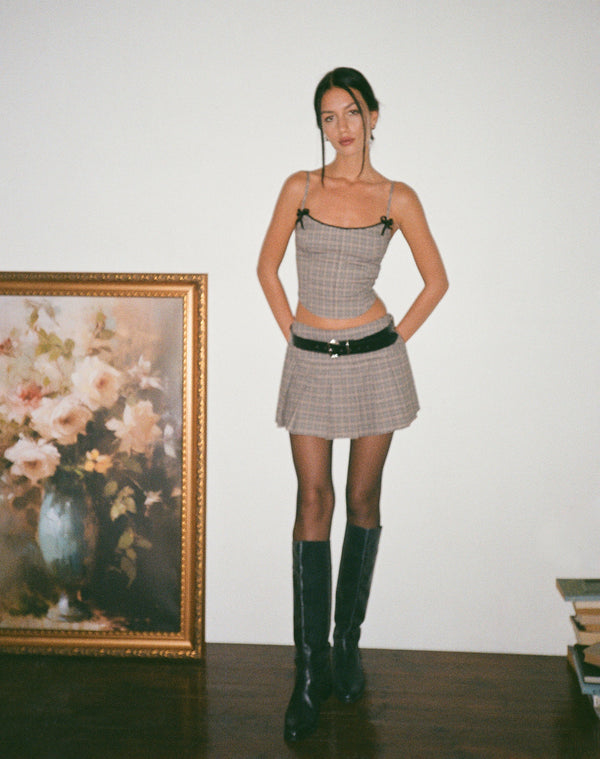 Motel Rocks Casini Pleated Micro Skirt In Micro Check Brown