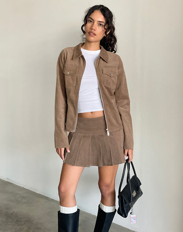 Motel Rocks Casna Pleated Mini Skirt In Baby Cord Walnut Brown