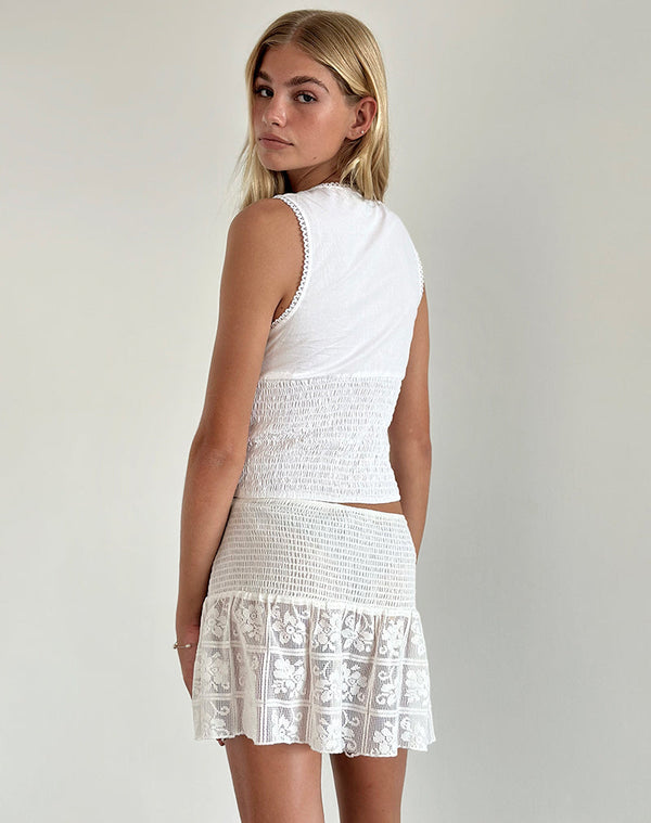 Motel Rocks Cathyna Crochet Shirred Mini Skirt In Poplin White