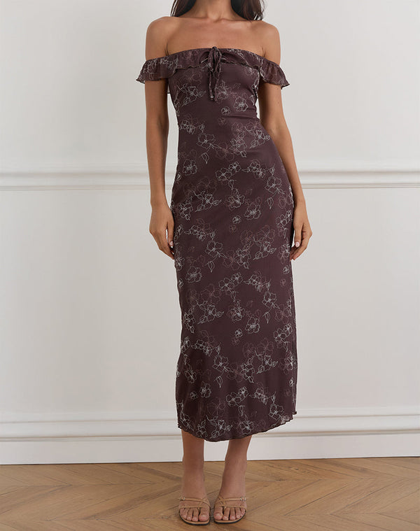 Motel Rocks Catrin Midi Dress In Doodle Flower Flock Brown