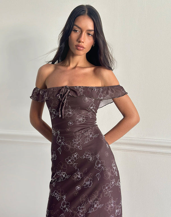 Motel Rocks Catrin Midi Dress In Doodle Flower Flock Brown