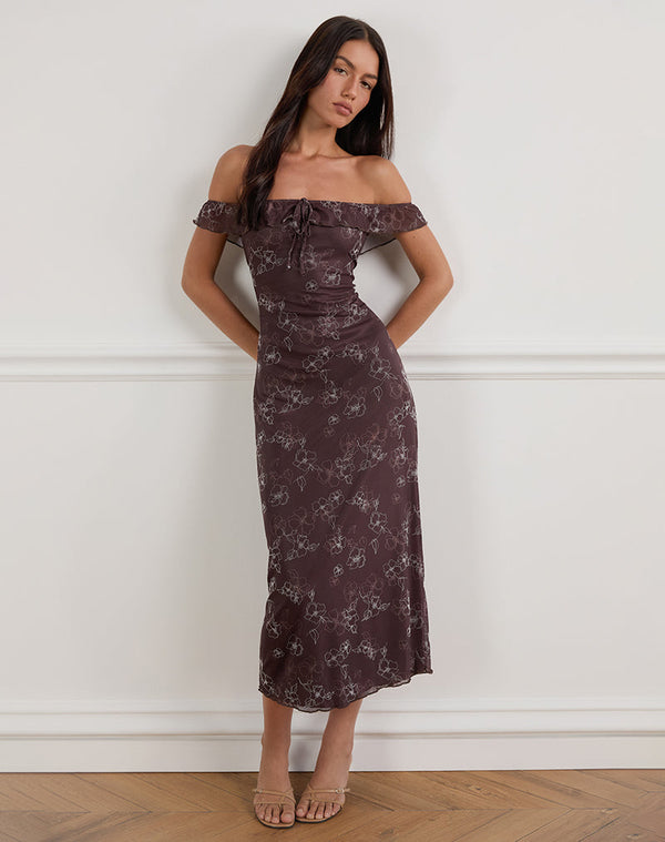motel rocks Catrin Midi Dress in Doodle Flower Flock Brown