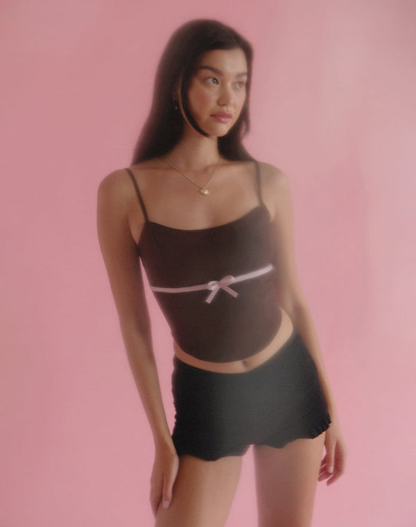 Motel Rocks Ceisya Corset Top In Bitter Chocolate With Pink Bow
