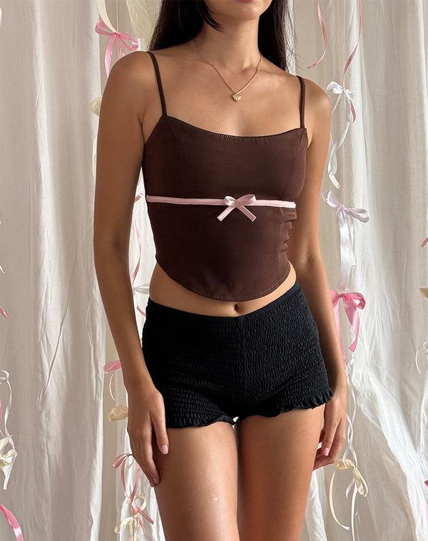 motel rocks Ceisya Corset Top in Bitter Chocolate with Pink Bow