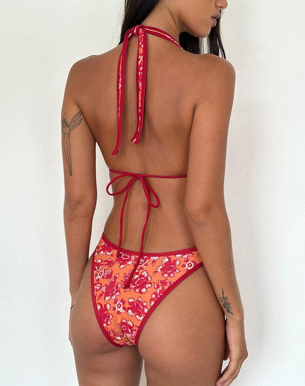 Motel Rocks Cerry Bikini Top In Floral Fun Orange With Contrast Binding