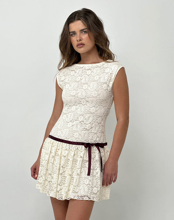 motel rocks Cersei Mini Dress in Paisely Lace Ivory