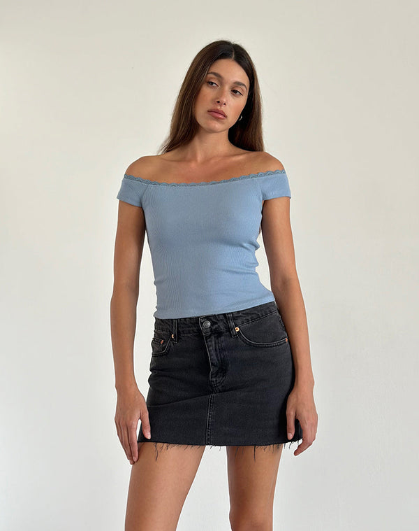 Motel Rocks Chacha Ribbed Bardot Top In Nantucket Blue Lace