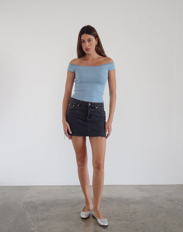 Motel Rocks Chacha Ribbed Bardot Top In Nantucket Blue Lace