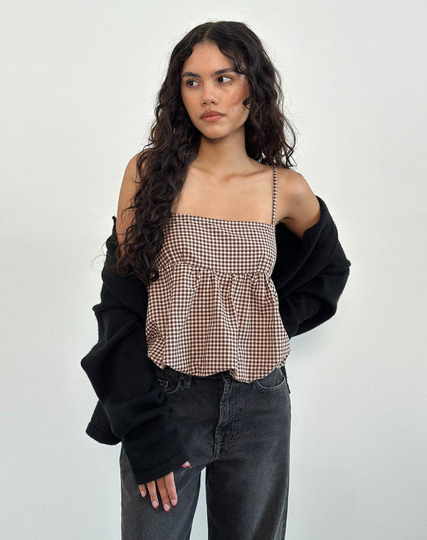 motel rocks Charlita Frill Cami Top in Mini Gingham Brown