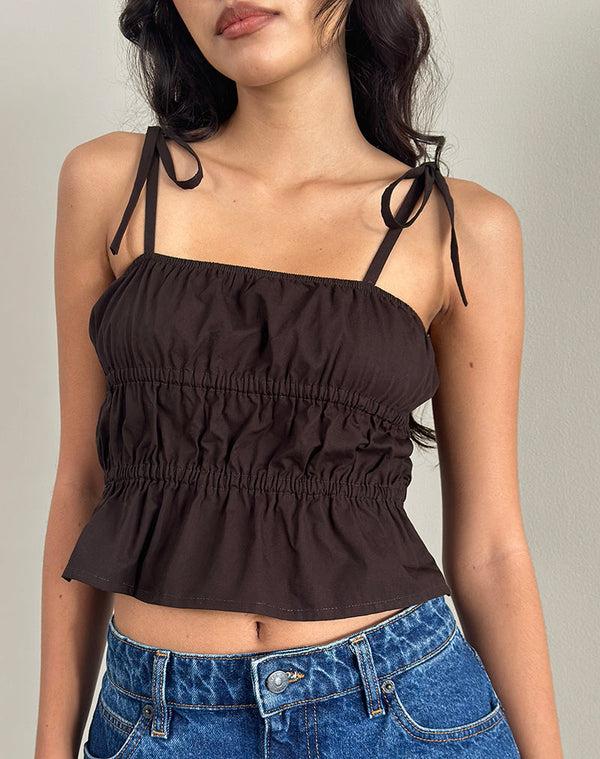 Motel Rocks Chibi Ruched Tie Top In Bitter Chocolate