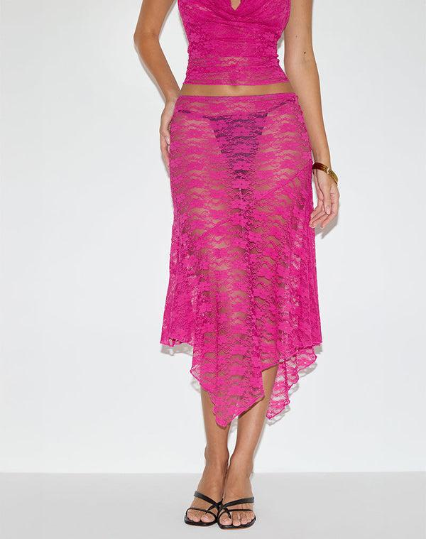 Motel Rocks Cinta Low Rise Midi Skirt In Orchid Lace Hot Pink