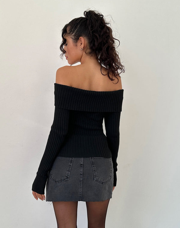 Motel Rocks Circe Off-Shoulder Long Sleeve Knit Top In Black