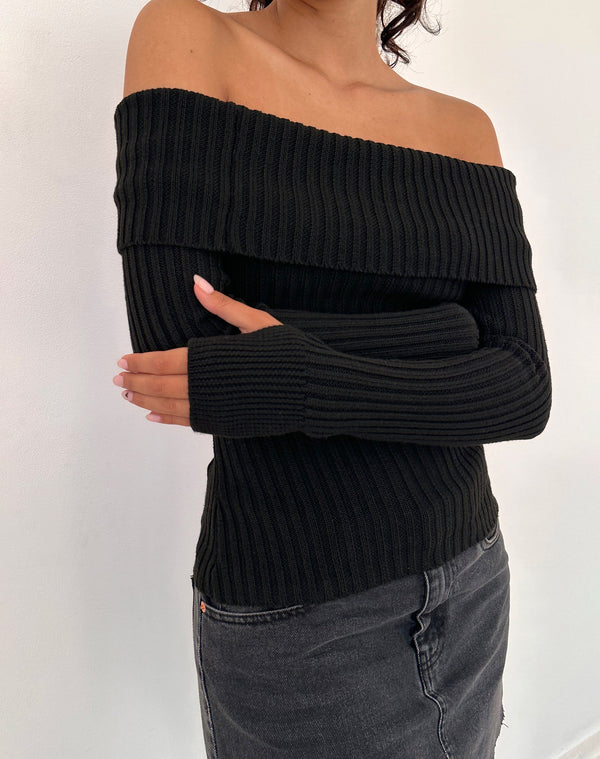 motel rocks Circe Off-Shoulder Long Sleeve Knit Top in Black