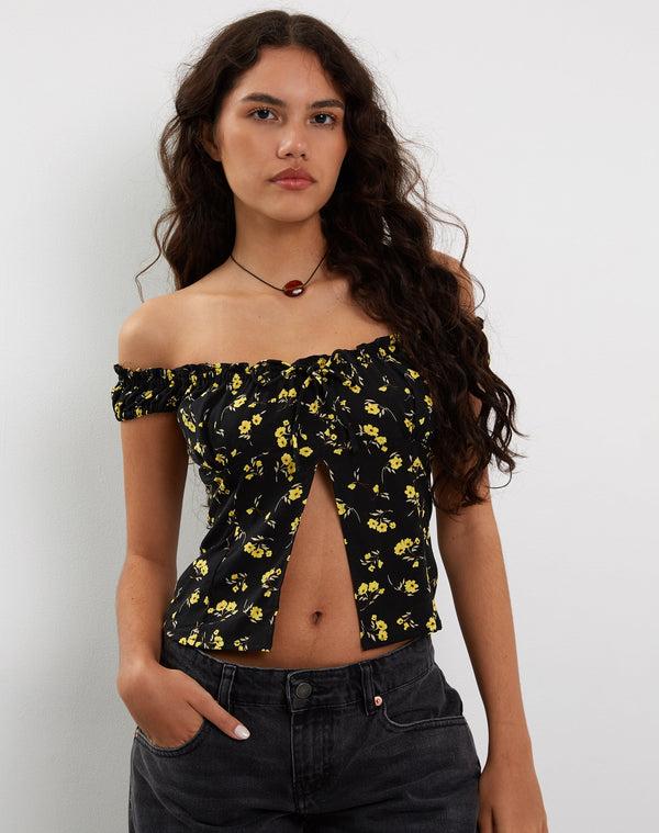 Motel Rocks Citra Bardot Frill Top In Buttercup Black Yellow