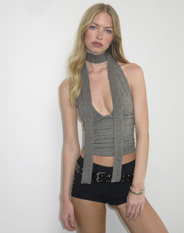 Motel Rocks Cosimo Halter Neck Top With Scarf In Glitter Knit Khaki