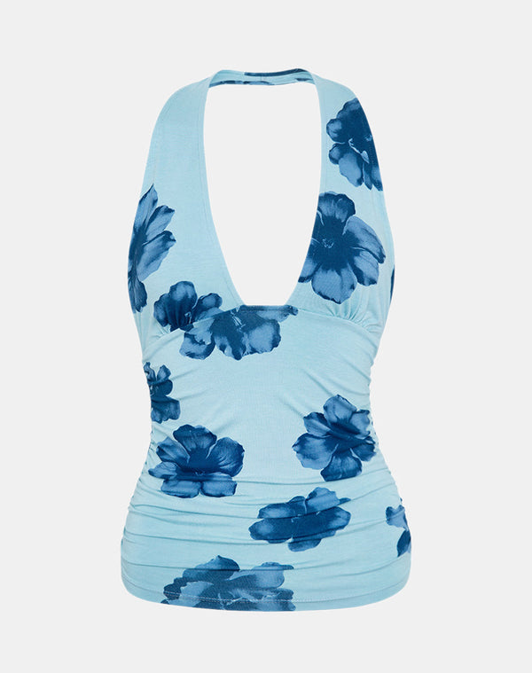 motel rocks Cosimo Halterneck Top in Bold Floral Blue