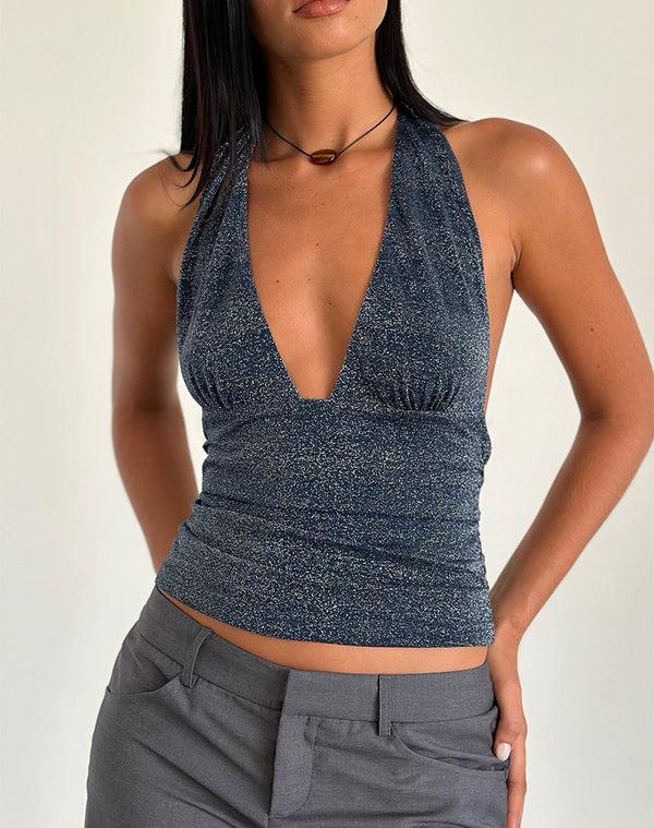Motel Rocks Cosimo Halterneck Top In Midnight Shimmer