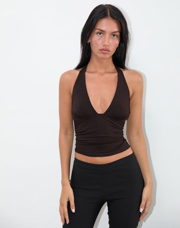 motel rocks Cosmo Halterneck Top in Jersey Chocolate Brown