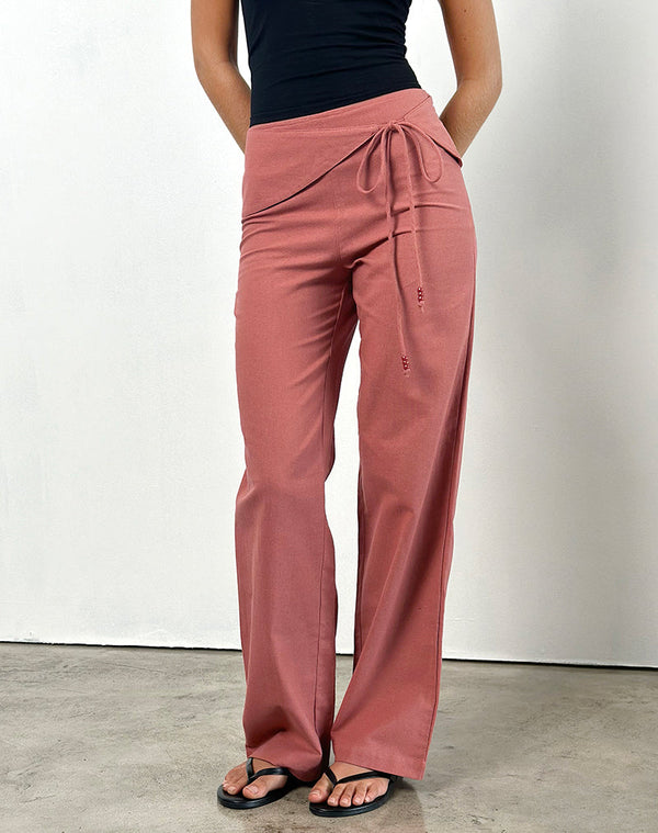 Motel Rocks Cursa Trouser With Belt In Linen Tuscan Red