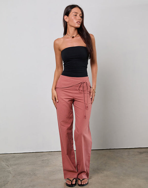 Motel Rocks Cursa Trouser With Belt In Linen Tuscan Red