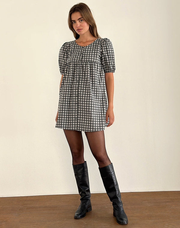 motel rocks Cybera Mini Dress in Tonal Gingham Black and Grey